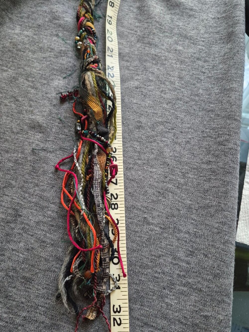 Handmade Boho Hair Wrap featuring Vibrant Yarn, Textured Fibers, Beads, Ribbons - Picture 3 of 9